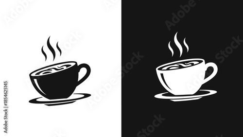 Monochrome steaming coffee cup icon on contrasting black and white backgrounds