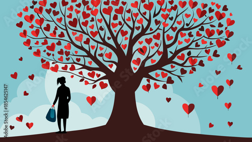 Woman standing under heart tree