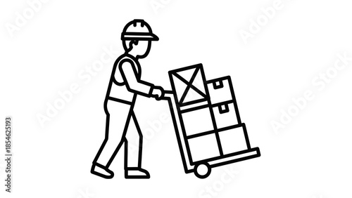 Worker pushing loaded hand truck with boxes and packages