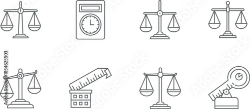 Collection of scales and measuring instruments for justice and precision