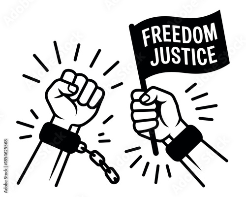 Two hands, one breaking free from shackles holding a flag that says freedom justice