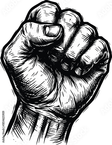 Black and White Woodcut Style Illustration of a Clenched Fist Keywords: fist, clenched fist, hand, power, protest, strength