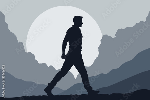 Silhouette of confident man walking through mountain valley against giant sun, modern flat vector illustration symbolizing journey, progress, adventure, freedom and new beginnings.