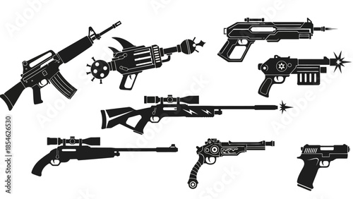 Vector weapon silhouettes set featuring modern firearms and futuristic blasters EPS10 Stock.eps