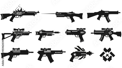 Stylized black vector weapon icons futuristic tactical firearms and abstract symbol EPS10 Stock.eps
