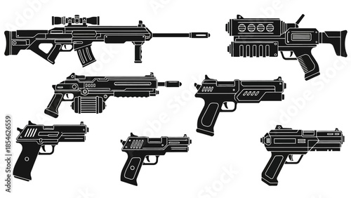 Futuristic Sci Fi Weapon Silhouettes Rifles Pistols and Blasters Vector Set EPS10 Stock.eps