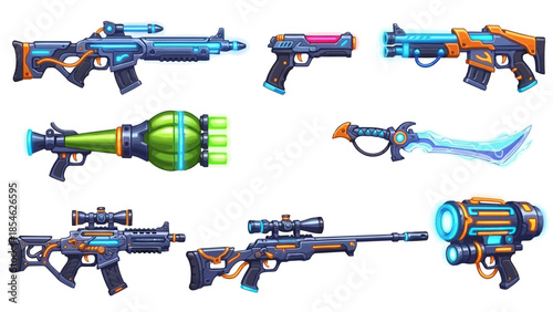 Cartoon Futuristic Sci Fi Game Weapons Set Blasters Rifles and Energy Sword EPS10 Stock.eps
