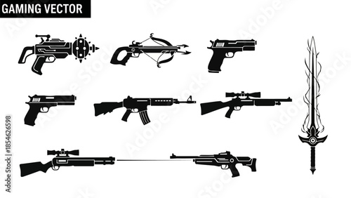 Black Silhouette Gaming Weapons Vector Set Icon Collection EPS10 Stock.eps