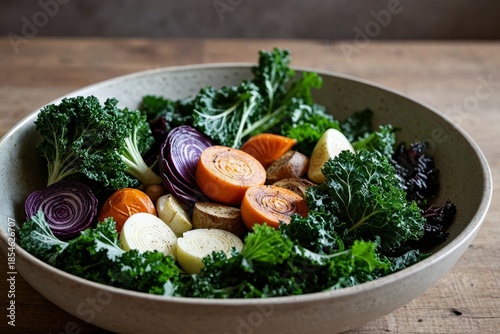 Frisch zubereitete Gemüsesalatschüssel mit verschiedenen Wurzeln und grünen Blättern