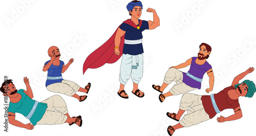 Indian Village super hero fighting with thugs animation ready illustration