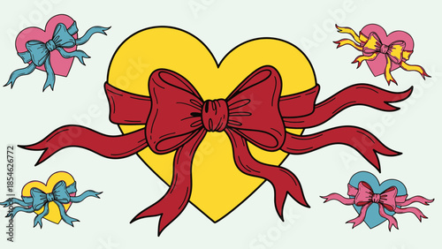 A delightful ensemble of colorful hearts wrapped in elegant bows, perfect for a joyful Valentine's expression of love and affection.