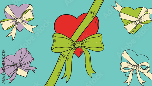 An uplifting illustration of various heart-shaped gifts adorned with festive ribbons, perfect for a Valentine's celebration, viewed from above on a vibrant blue background.