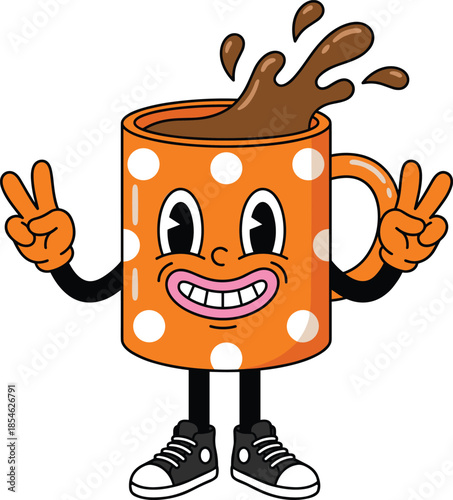 Cartoon Coffee Mug Character with Splashing Coffee and Peace Signs Keywords: coffee mug, cartoon, character, anthropomorphic, retro