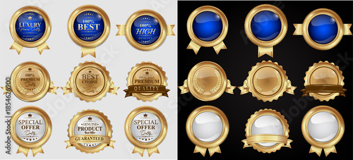 Collection of luxury golden badge premium quality labels seals glossy metallic labels laurels and ribbons blue gold emblems. Vector illustration.