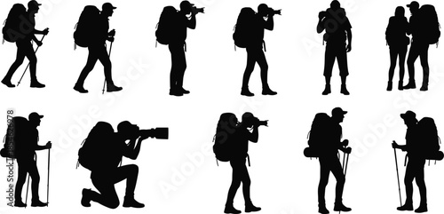 Backpacker and travel photographer silhouette vector set, hikers with camera and backpacks isolated on white background for adventure tourism designs