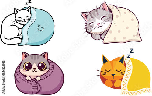 Cartoon cats sleeping under blankets, cozy feline rest poses, cute vector illustration for relaxation, comfort, bedtime, nap time, peaceful animal art