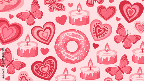Valentine loving illustration: seamless pattern, overhead hearts, butterflies, candles, donuts for festive celebration.