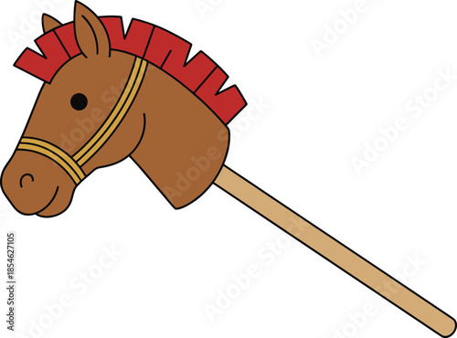 Cartoon Hobby Horse Toy with Red Mane and Yellow Bridle on White Background Keywords: hobby horse, toy, stick horse, horse head
