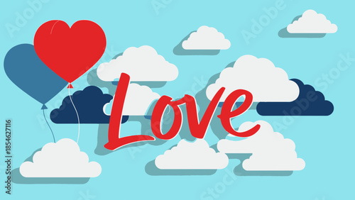 Cheerful Valentine's Day illustration with heart-shaped balloons floating above a dreamy sky, featuring the prominent word 'Love' in a vibrant, romantic graphic design.