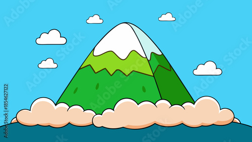 Majestic Mountain Landscape Illustration with Fluffy Clouds and Snow Covered Peaks in Winter