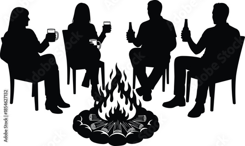 Campfire, friends, drinking, silhouette, vector, illustration, black, people, outdoor, camping, night, social, beer, chairs, bonfire, party, isolated, white, background, icon