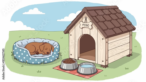 Cute dog sleeping peacefully in its bed next to a dog house.