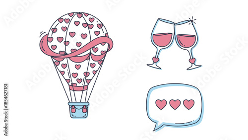 Dreamy Valentine's Day celebration with romantic hot air balloon, toasting wine glasses, and a loving message speech bubble.