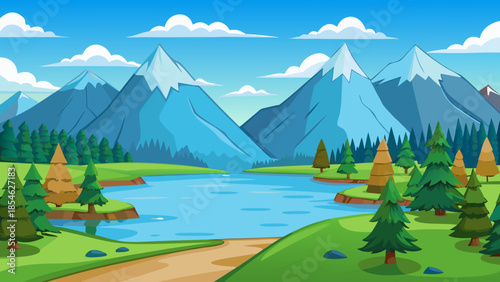 Scenic Nature Illustration with Beautiful Lake Forest and High Mountain Peaks in Summer