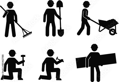 Construction worker activity silhouette icon set, people using tools for building, gardening, repair and labor work isolated on white