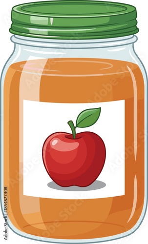 Cartoon jar of apple juice with a red apple on the label and a green lid drink beverage