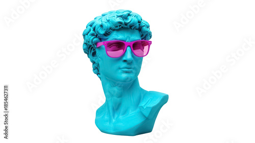 Fotografi Blue David bust with pink sunglasses isolated PNG, classical sculpture on transp
