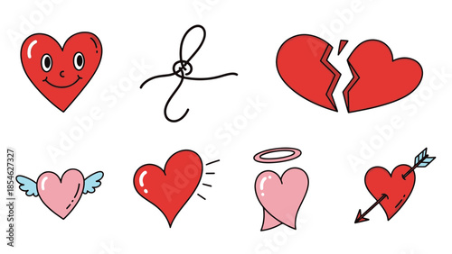 Vibrant collection of graphic heart illustrations, expressing diverse emotions, ideal for celebrating Valentine's Day sentiments and digital design.