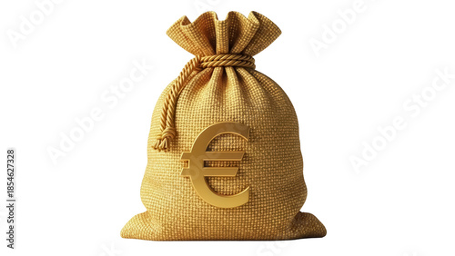 Foto Golden money bag with euro sign isolated PNG, sack full of cash on transparent b