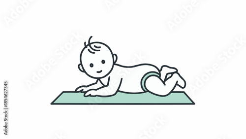 Cute baby lying on stomach on a mat illustration.