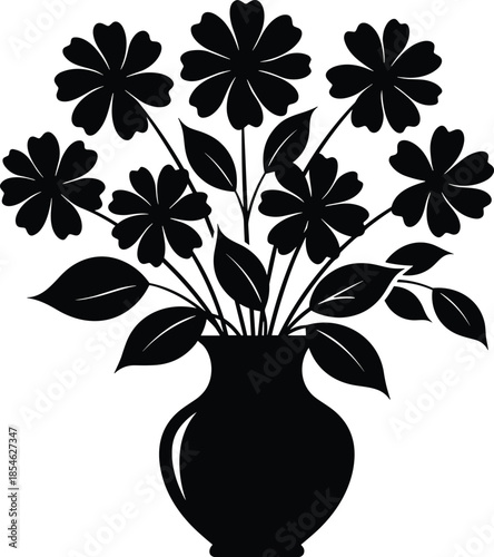 Flower bouquet in vase silhouette vector illustration, black floral arrangement isolated on white background for elegant home decor designs