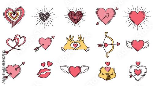 An artistic set of doodle-style heart illustrations and affectionate symbols, capturing the essence of Valentine's romance.