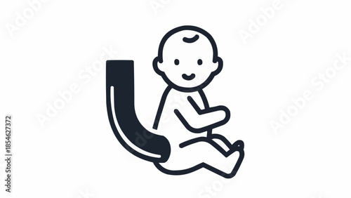 Cute baby sitting on a slide icon simple line art.