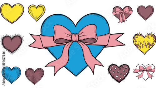 Diverse hand-drawn heart illustrations, including a central blue heart with a pink bow, perfect for Valentine themes.