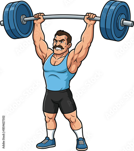 Cartoon weightlifter lifting a heavy barbell with blue weights Keywords: weightlifter, athlete, strongman, muscular, fitness