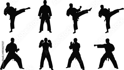 Karate martial arts fighter silhouette vector set, men practicing kicks and punches, combat training poses isolated on white background