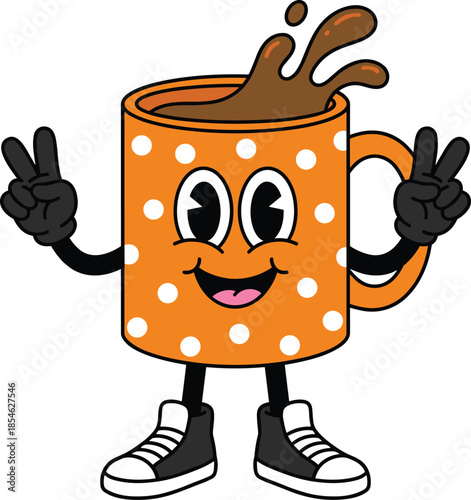 Cheerful Cartoon Coffee Mug Character with Polka Dots and Peace Signs anthropomorphic
