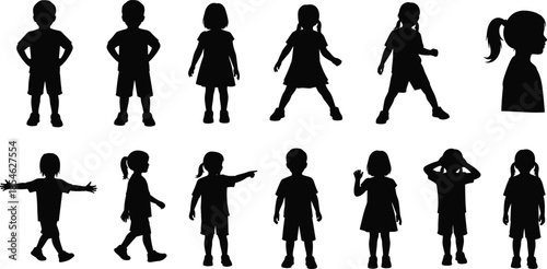 Kids, children, silhouettes, vector, set, boy, girl, poses, actions, black, illustration, isolated, white, background, playful, activity, collection, standing, walking, pointing