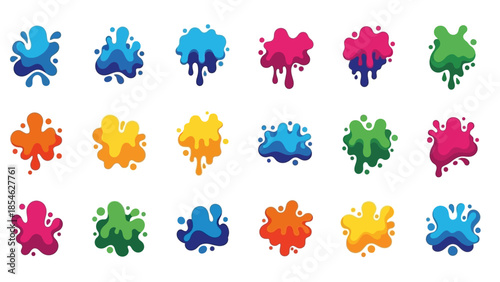 Vibrant assortment of colorful abstract liquid splashes and dynamic paint splatters, perfect design elements for graphic projects and creative backgrounds