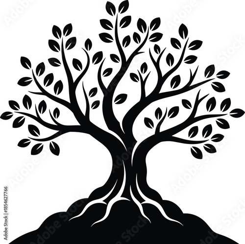 Tree silhouette vector illustration, black decorative nature symbol with roots and leaves, isolated on white background for design projects