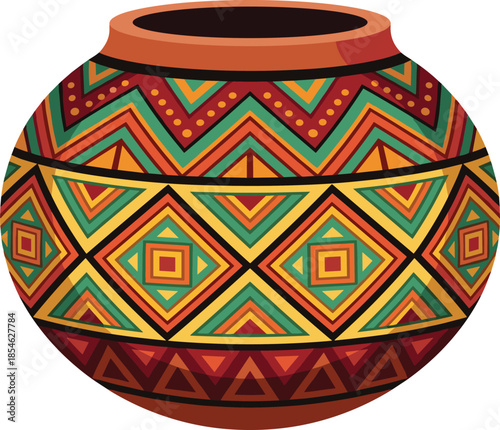 Colorful Ethnic Pot with Geometric Patterns and Tribal Designs Keywords: pot, vase, ceramic, earthenware, clay, container, vessel