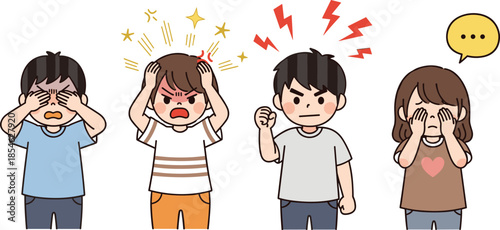 Cute children expressing negative emotions including anger, stress, frustration, sadness, and anxiety, illustrated set for emotional awareness education