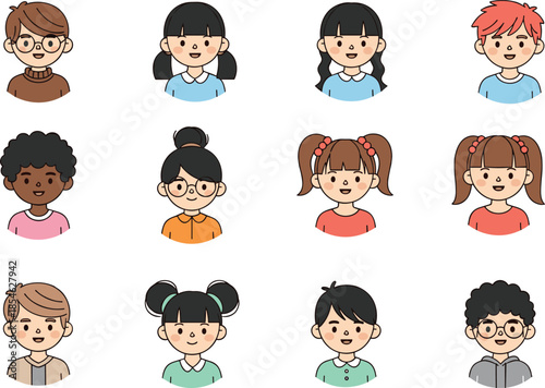 Cute diverse children avatar faces set, smiling kids portraits collection, cartoon style, education, social diversity, character illustration pack