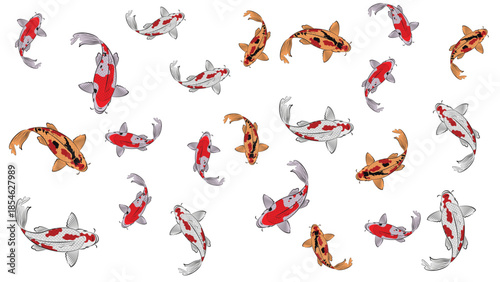 Colorful Hand Drawn Japanese Koi Fish Seamless Pattern Background with Red White Orange Carp Shapes and Random Scattered Layout for Asian Wallpaper Textile Design