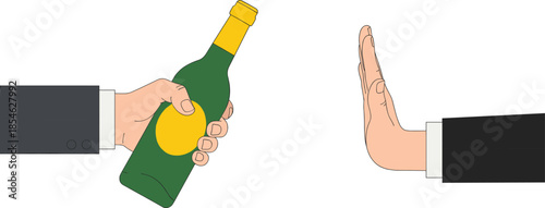 Hand refusing alcoholic drink offered by another person, stop gesture symbolizing sobriety, alcohol rejection, healthy lifestyle choice concept illustration