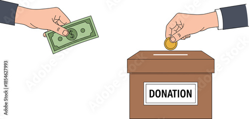 Hands donating money into donation box, cash and coin contribution, charity support concept, fundraising, generosity, flat illustration
